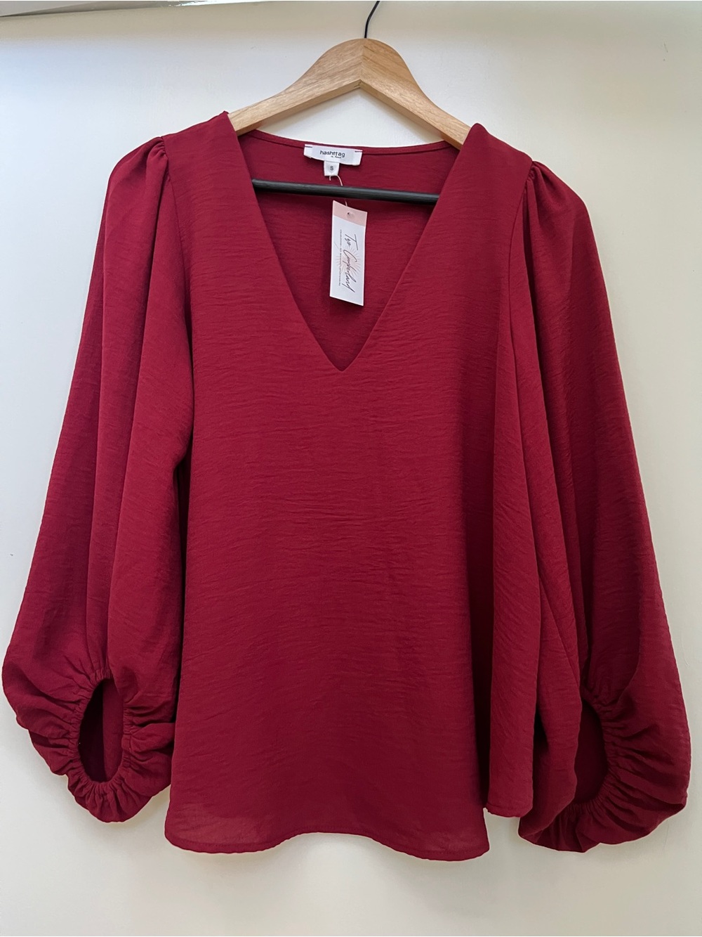 NWT Hashtag V-Neck Puff Sleeve Blouse - Burgundy